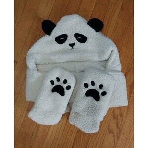 Panda Hat with Attached Mittens Gloves Set Fleece Unisex One Size
